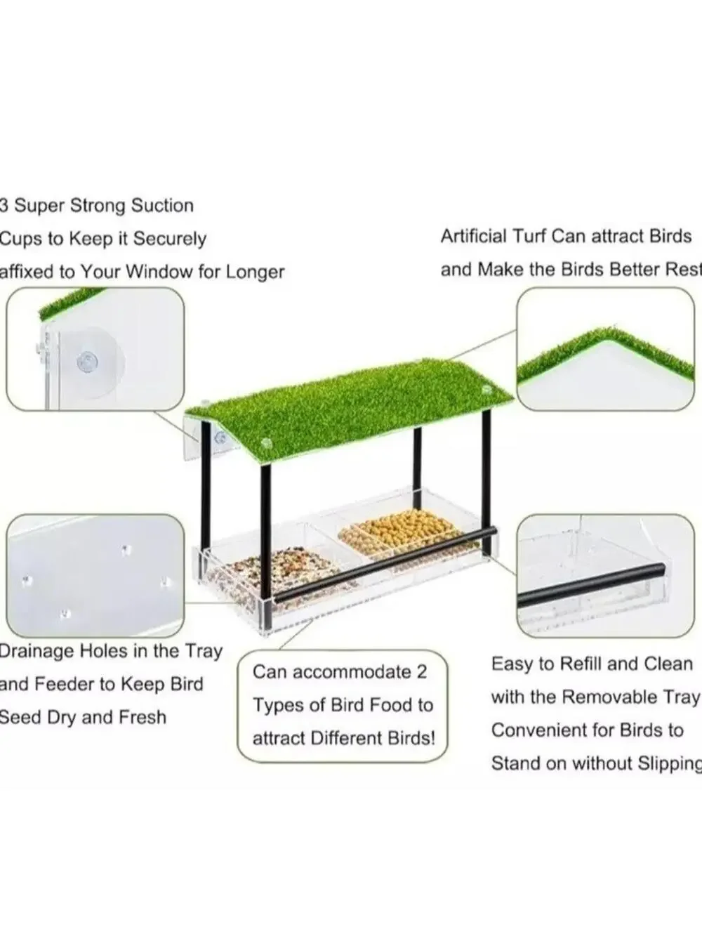 Window Bird Feeder Outdoor Strong Suction Cup Water Drain Transparent Viewing